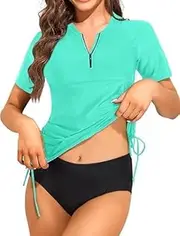 [Generic] Rashguard,Women Two Piece Rash Guard Short Sleeve Zipper Swimsuit with Shorts Built in Bra Bathing Suit UPF50