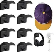 8 PCS Adhesive Hat Rack for Wall, Aufondof Strong Hold Hat Hangers, Minimalist Hat Hooks Design, No Drilling Hat Organizer for Baseball Caps, Hat Holder to Display for Wall, Door, Closet (Black)