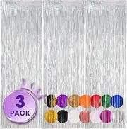 Voircoloria 3 Pack 3.3x8.2 Feet Laser Silver Foil Fringe Backdrop Curtains, Tinsel Streamers Birthday Party Decorations, Fringe Backdrop for Graduation, Baby Shower, Gender Reveal, Disco Party