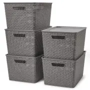 Set of 5 Lidded Storage Bins, 18 Quarts Large Plastic Stackable Weaving Wicke...