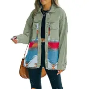 Nevenka Aztec Denim Jacket for Women Distressed Lapel Long Sleeve Coat-VintageGreen