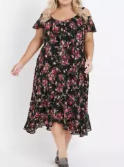 BNWT Ladies Sz 20 Autograph Black Floral Cold Shoulder Frill Dress RRP $129.99