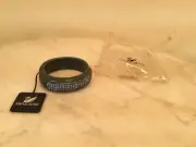 SWAROVSKI Swan Signed Hinged Bangle Bracelet Green Resin Blue Crystals New