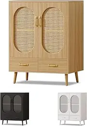 ALFORDSON Sideboard Buffet Table with Ratten Door, Cupboard Cabinet Storage with Shelves and Drawers, Pantry Organiser for Kitchen, Hallway, Living Room, Bedroom and Bathroom, Wood Color