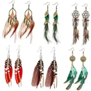 6 Pairs Women Faux Feather Earrings Bohemian Fringe Tassel Long Drop Dangle