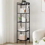 Hzuaneri Bookshelf, Book Shelf, Industrial Bookcase with 2 Hooks, Coner Shelf Storage Organizer for Home Office, Living Room, Bedroom, Kitchen, 5-Tier Black BC10504B