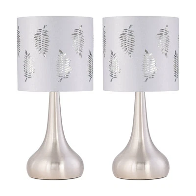 Set of 2 Brushed Chrome Touch Table Lamps Bedside Lights White Fern Shade