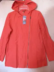 NWT $338 Eileen Fisher Rumpled Cotton Steel RED LORY Asym Zip Hooded Jacket S XS