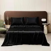 Luxury Bed Sheet Set- Ultra-Soft Silk Satin Bed Sheets - Breathable Bedding - Wrinkle, Fade, Stain Resistant - Deep Pocket (Black, Queen)