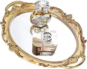 [Skidwedy] Mirrored Vanity Tray, Decorative Vintage Mirror Organizer Display Serving Tray, Ornate Makeup Jewelry Plate Holder for Ring Key Perfume Dresser Trinket, Gifts for Friends Daughter Mother Women (Gold)