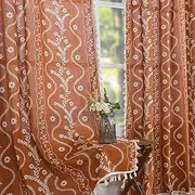 [Schweek] Terracotta Curtains 84 Inch Length Boho Farmhouse Curtains for Living Room 2 Panels, Linen Semi Sheer Vintage Farmhouse Printed Floral Burnt Orange Rustic Curtain Drapes