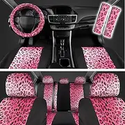 carXS Leopard Print Car Seat Covers Full Set, Includes Matching Seat Belt Pads and Steering Wheel Cover, Two-Tone Cheetah Hot Pink Seat Covers for Cars for Women, Car Seat Protector Interior Covers