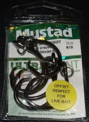 6 Pack Mustad R39943BLN-90 Ultra Point Size 9/0 4X Strong Ringed Circle Hooks