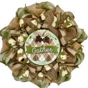 Thanksgiving Gather Pumpkin Harvest Wreath Handmade Deco Mesh