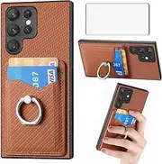 [Asuwish] Mobile Phone Case for Samsung Galaxy S23 Ultra 5G Case with Film Tempered Glass Screen Protector and Ring Stand Card Slot Leather Wallet Stand S23Ultra 23S S 23 23Ultra Mobile Phone Cases Phone Case Brown