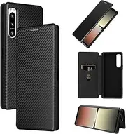 for Sony Xperia 5 IV Case Carbon Fiber Flip Wallet Case, PU Leather Folio Phone Case Shockproof Protective Cover with Card Slot (Black)