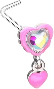 [Pierced Owl] 20GA 316L Stainless Steel Aurora Borealis Pink Heart with Dangling Heart L-Bend Nose Stud, 20ga, Metal, no gemstone