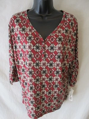 Liz Claiborne Rayon Browns Size S Casual Henley Geometric ¾ Sleeve Top SR$25 NEW