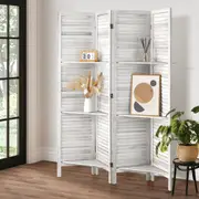 Oikiture 4 Panel Room Divider Privacy Screen With Shelves Timber Wooden White