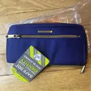 Travelon RFID Navy Blue Brass Hardware Zipper Clutch Accordion Wallet Wristlet