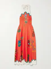 [ALÉMAIS] ALÉMAIS - Rose Printed Twill Maxi Halterneck Dress - Orange - UK 14 UK 14 Orange