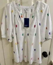 Crown & Ivy L White Short Sleeve Pheasant Top Embroidered Pineapples & Lined NWT