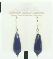 Sterling Silver Dark SAPPHIRE JADE Teardrop Dangle Earrings #5201...Handmade USA