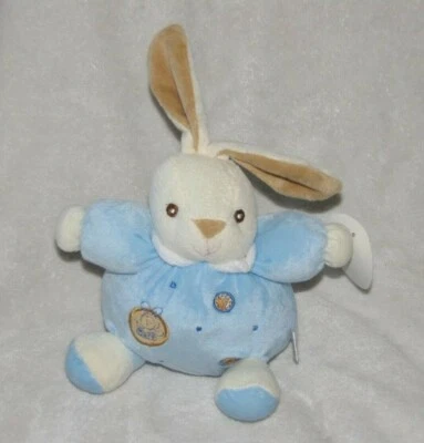 JUST ONE YEAR STUFFED PLUSH BUNNY RABBIT WHITE BLUE TAN RATTLE TOY POLKA DOT