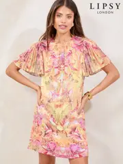 Lipsy Pink Printed Floral Pleated Mini Shift Dress (W37541) | $150