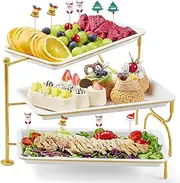 Lifewit 3 Tier Plastic Serving Tray Platter for Party Entertaining, 12" x 6.5" Dessert Table Display Set, White Reusable Dishes with Gold Metal Display Stand for Veggie, Fruit, Cookies