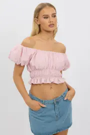 Pink Ruffle Crop Top Puff Sleeve - Size 16XL, Women's Crop Top