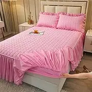 Double-Layer Ruffled Bed Skirt with Pillowcases,18 Inch Deep Luxury Soft Thicken Warm Removable Bed Skirt Fitted Sheet 3-Piece Set Bed Skirt(Pink,180x220cm/Cal.King)