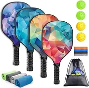 Premium Wood Pickleball, Set with 4 Pickleball Balls and 4 Pickleball Paddles, Ergonomic Cushion Mesh Storage Bag, Pickleball Paddles Pack Gifts for Beginner and Pro