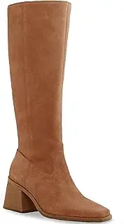[Coutgo] Women's Knee High Boots Wide Calf Square Toe Chunky Heeled Pull-on Leather Boots