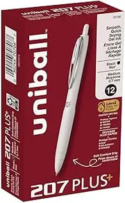 Uniball Black Gel Pens, 207 Plus+ Retractable Gel Pens 12 Pack in Black with 0.7mm Medium Point Pen Tips - White Barrel