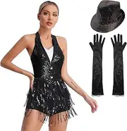 [FEESHOW] Women's Sequins Fringe Latin Jazz Dance Dress Ballroom Cocktail Outfits with Gloves and Hat
