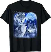 [Arhelicw] Three Wolves 3 Grey Wolf Howling at The Moon Wild Animal T-Shirt