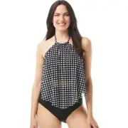 COCO REEF Riviera Dot Aura Mesh Ruffle Crop Tankini Swimsuit Bikini Black 34DD