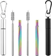 WADY Reusable Stainless Steel Straw,Collapsible Stainless Steel Drinking Straw Telescopic Straw (with Keychain Case & Cleaning Brush) for Smoothie, Milkshake, Cocktail and Hot Drinks (Silver+Black)