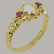 Solid 14k Yellow Gold Natural Opal & Ruby Womens Trilogy Ring - Sizes 4 to 12
