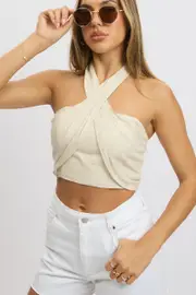 Beige Halter Crop Top Linen Blend - Size 16XL, Women's Top
