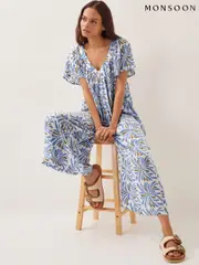 Monsoon Blue Cece Woodblock Wide Leg Jumpsuit (G01695) | $159
