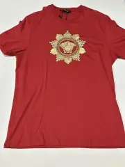 Versace Front Gold Logo Embroidered Red Tee Size: 2XL (Fits L) 100% AUTHENTIC