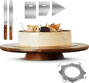 [Tidita] 33 cm Acacia Cake Stand Rotating – Rustic Cake Stand Set Turntable with 2 Icing Spatulas, 3 Smoothers – Wooden Revolving Spinner Cake Decorating Supplies - Use at Parties, Wedding (Acacia Wood)