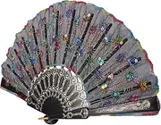 HAMPPLIES Oriental Hand Fan Elegant Embroidered Sequins Peacock Pattern Retro Hand Fan for Dancing Performance and Home Decoration