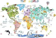 Animal World Map Wall Sitckers, Colorful Educational World Map Learning Wall Decals for Girls Nursery Bedroom Living Room Classroom