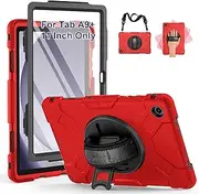 [SUPFIVES] Case for Samsung Galaxy Tab A9 Plus 11 Inch 2023, Liquid Silicone Heavy Duty Shockproof Protector Tab A9 Plus Cover with 360°Rotating Stand+ Hand Strap+ S-Pen Holder+ Shoulder Strap, Red
