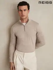 Reiss Wheat Melange Blackhall Merino Wool Half-Zip Funnel Neck Jumper (C66160) | $195