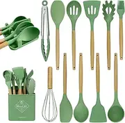[MYKUJA] Silicone Cooking Utensils Set, Heat Resistant Kitchen Utensils Set, Spatula,Turner Tongs,Spoon,Brush,Whisk, Cooking Kitchen Utensils Spatula Set, Nonstick Cookware（sage green）