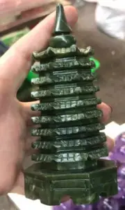Natural South China Green Jade hand carved Wenchang Pagoda tower statue progress